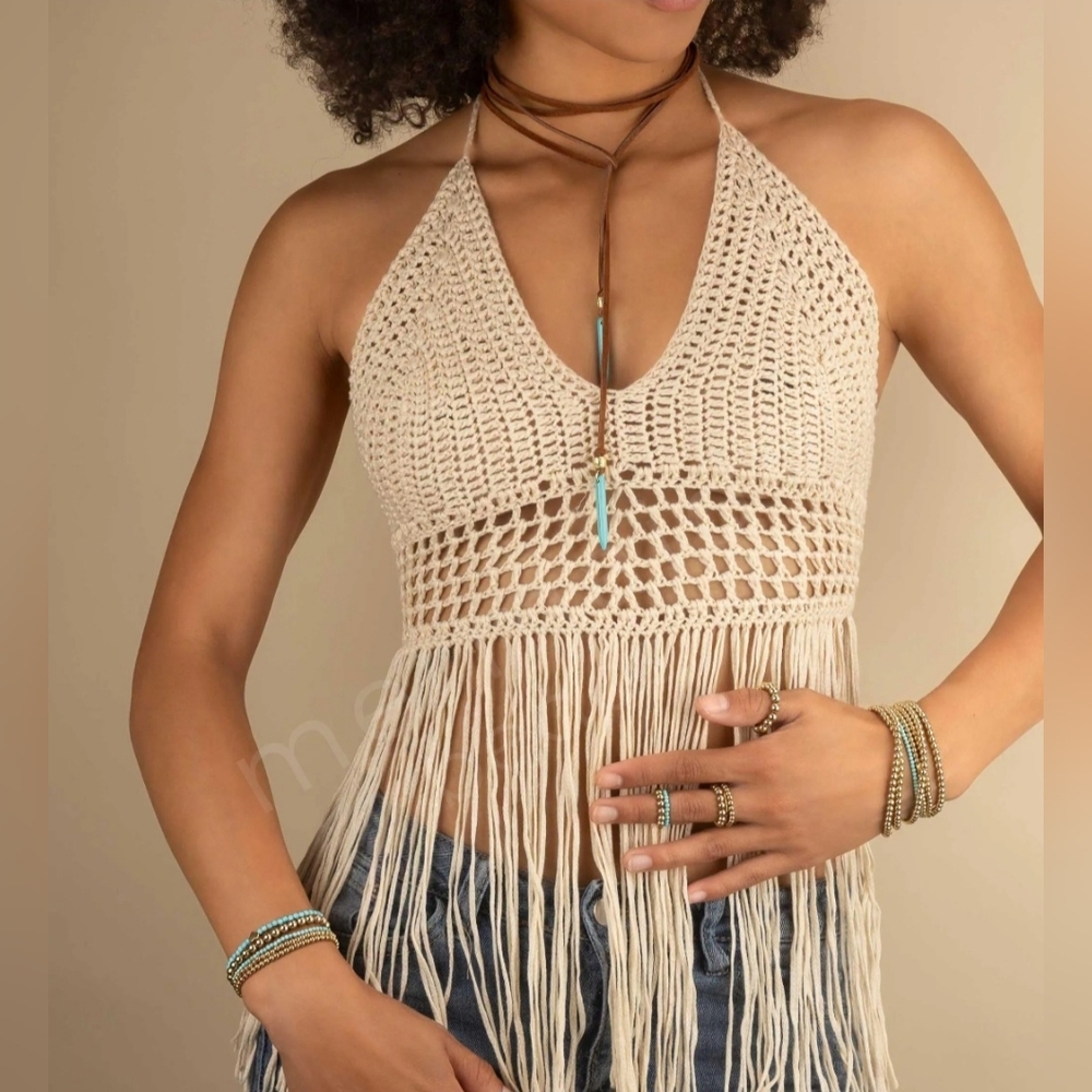 Forever 21 Cream Crochet Fringe Halter Crop Top
